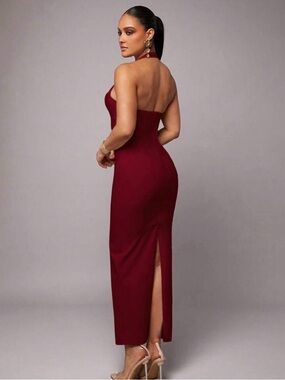 Fashion Nova Burgundy Backless Halter Midi Dress